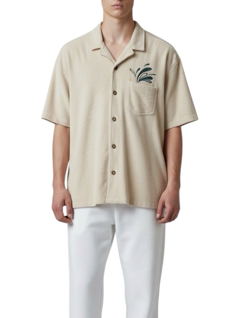 Marine Layer Men’s Terry Embroidered Short Sleeve Button Down Shirt Cream Medium